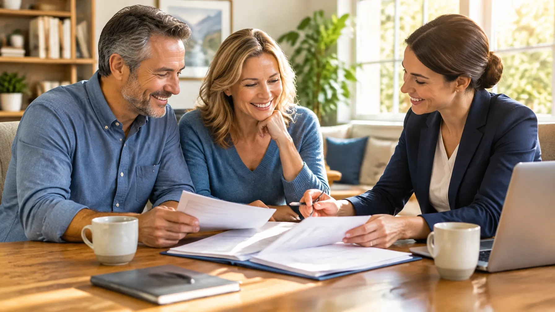A friendly insurance guide helping an older couple review their coverage