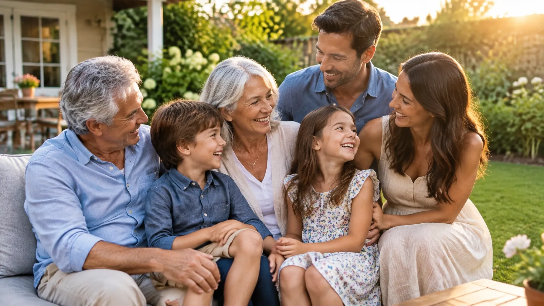 Grandparents, parents, and children laughing together outside in warm evening light