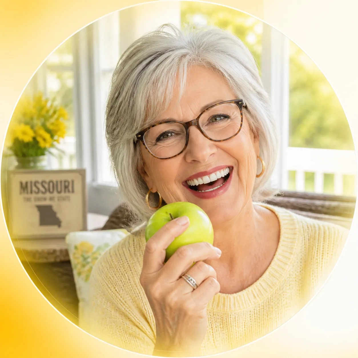 Missouri senior with glasses eating an apple, symbolizing dental and vision benefits found in Medicare Advantage plans.