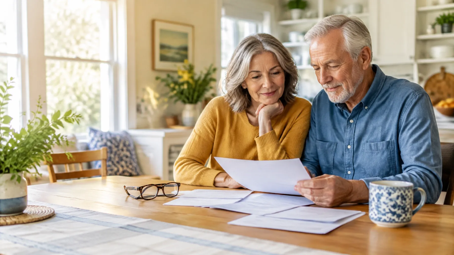 An older couple reviewing their Medicare coverage with an insurance guide