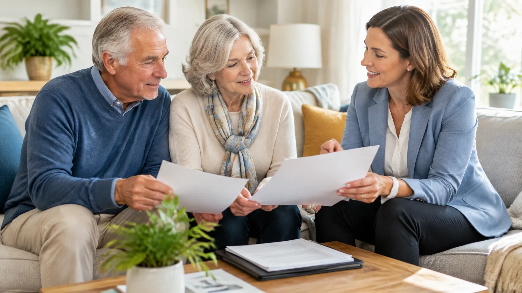 Older friends comparing Medicare documents with a trusted advisor at home.