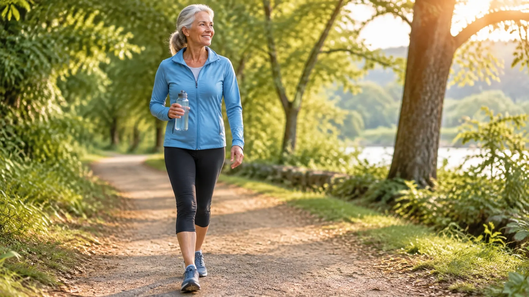 Active older woman walking outdoors with a water bottle on a leafy trail.